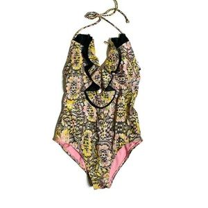 VOLCOM ruffled tulle front one piece bathing suit